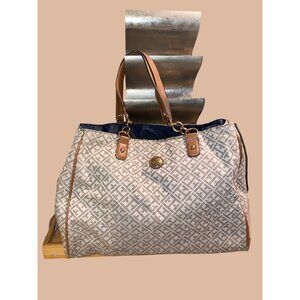 Tommy Hilfiger Large Tan Logo Canvas Shoulder Tote Bag Gold Accent Chain